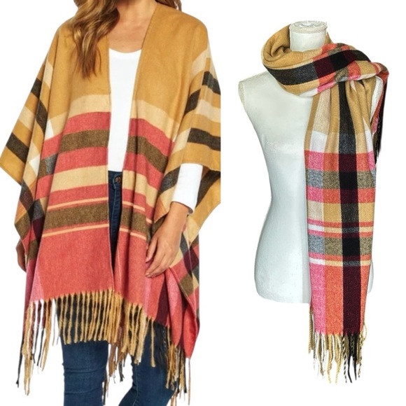 WOOLRICH Justine Cozy Blanket Wrap Scarf OSFA Fall Shawl Red Tan Plaid Fringe - Picture 1 of 4